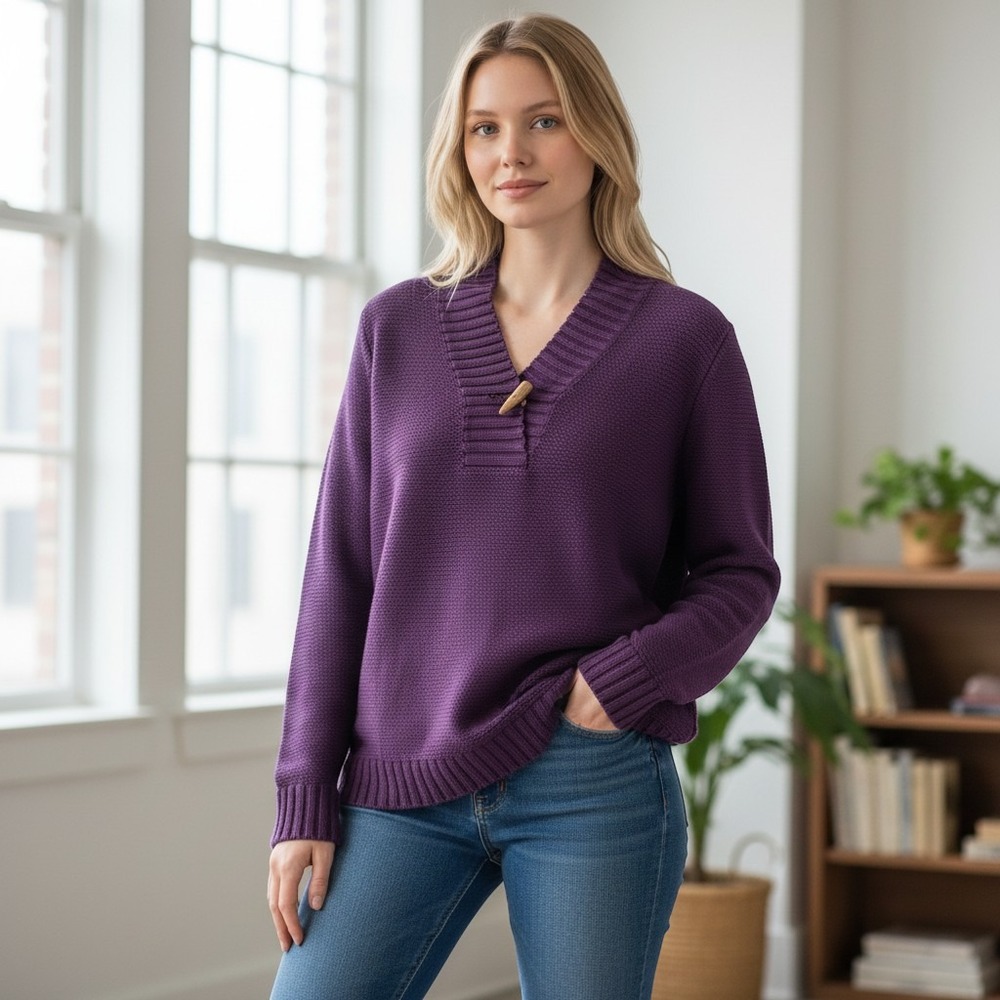Lauren Ralph Lauren Purple Cotton Knit Toggle Shawl Collar Sweater Large